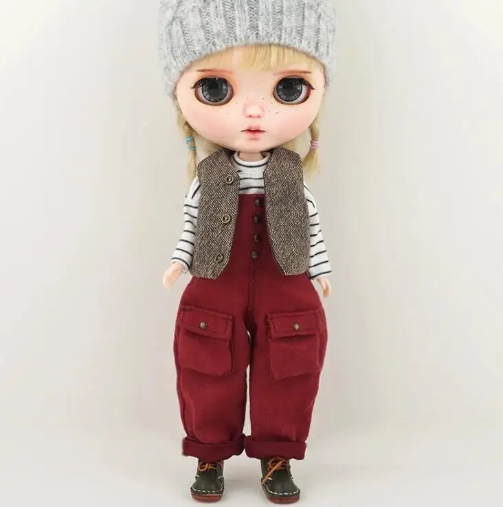 

2024 Newest style 3pcs Blythe doll outfit suspender pants+sleeved shirt+vest 1/6 BJD 30cm for Pullip,Ob22,Ob24, Licca