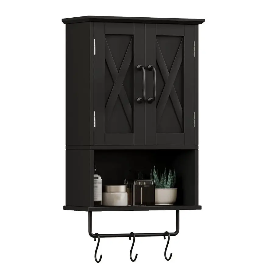 

Farmhouse Medicine Cabinet, Bathroom Wall Cabinet with Adjustable Shelf, Towel Bar, 3 Hooks, Over The Toilet Storage Cabinet for