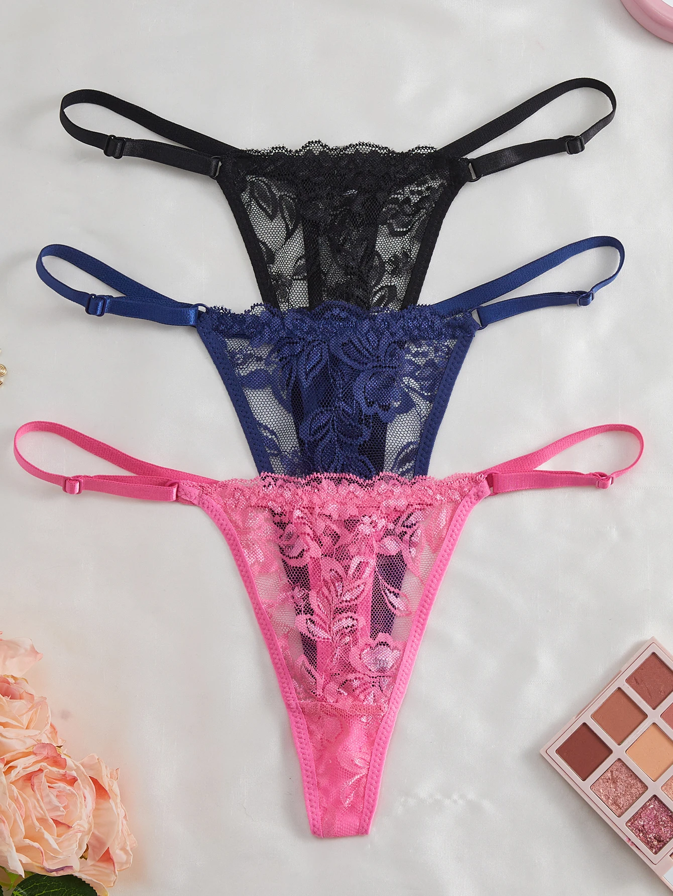 3-teiliges Set Spitzen-Stringtangas für Damen, sexy, verstellbarer dünner Bund, Intimwäsche – Detail 28