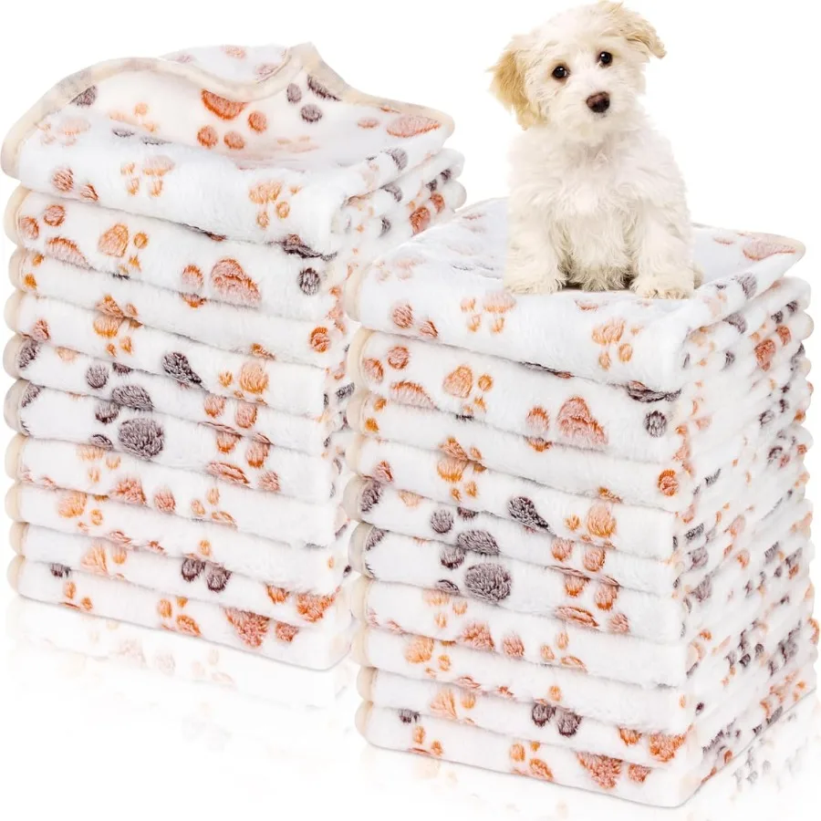 40 Pcs Blankets Soft Fluffy Fleece Washable Pet Dog Sleep Mat Paw Print Pattern Fleece Blankets for Pets Throw Warm Bed Mat for