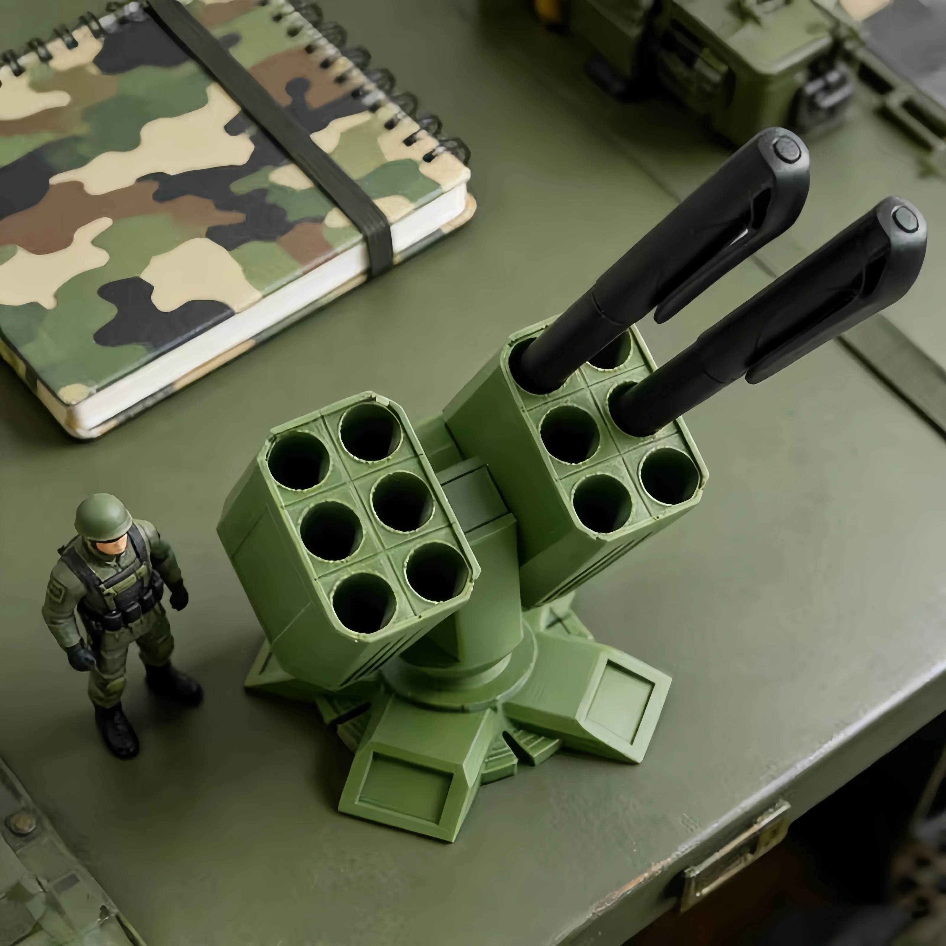 1Pcs Anti-Aircraft Gun Pen Holder – Holds 12 Pens, Brushed Missile Launcher Design, Office & Military Decor