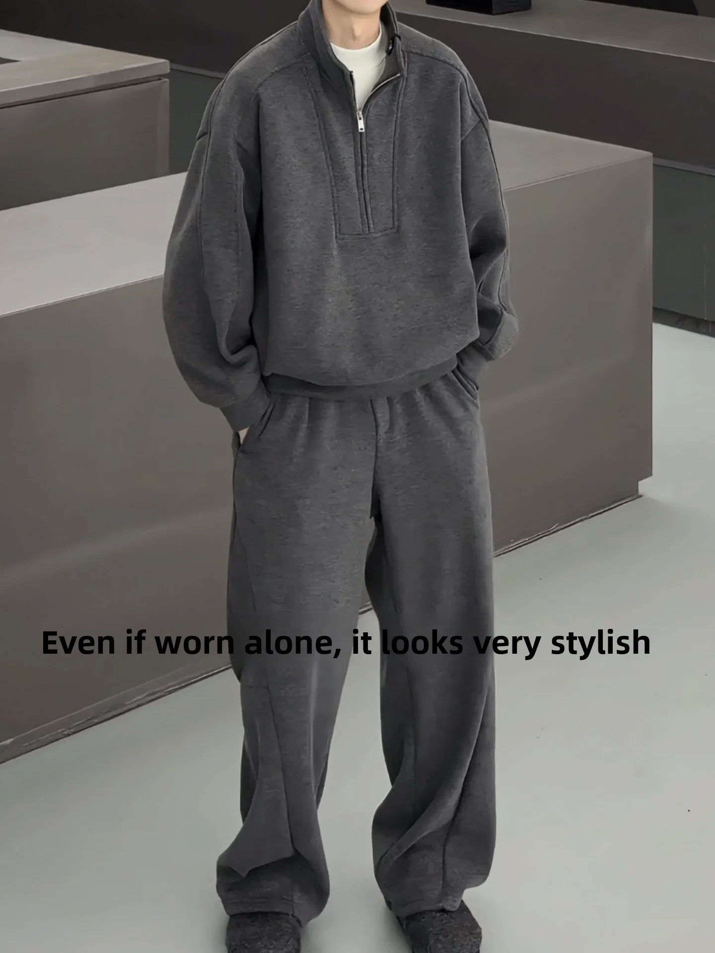 

Men's Winter Warm Fce Lined Hoodie And Long Pants Casual Outfit f High Collar Comfortable Faionable Youth Sle