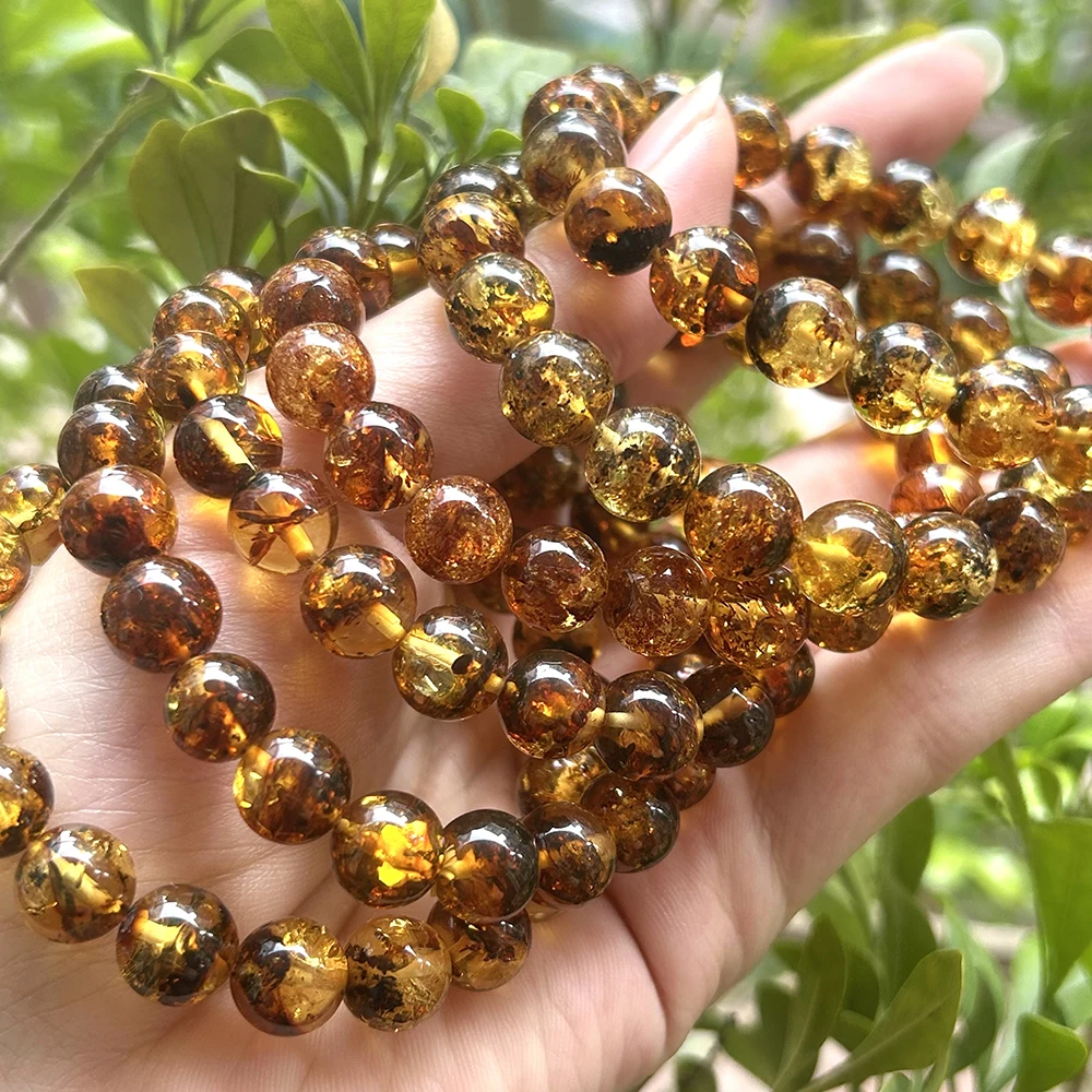 Natrural 8.8mm-10.5mm Genuine Flower Amber Bracelet Round Beads ,Fashion Jewelry for Men and Women Special Gift，Diy Wholesale