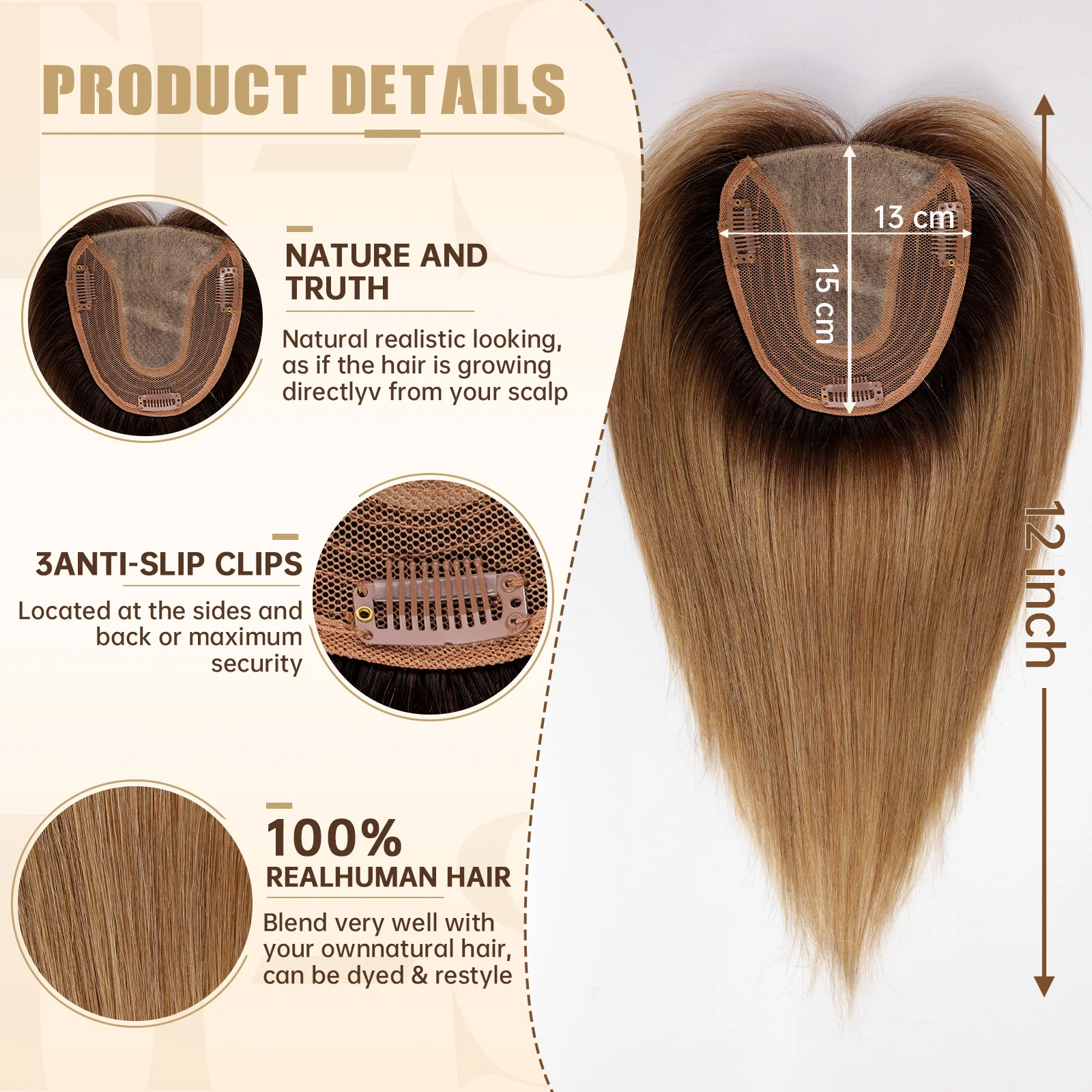 Light Brown Ombre Remy Human Hair Toppers Clips in 12 Inches Straight Hairpiece Extensions for Women 100% Remy Human Hair Topper