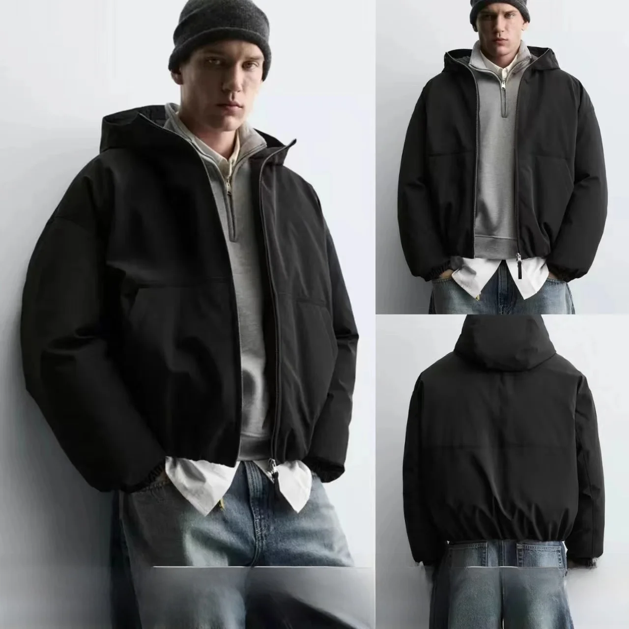 

New Men's Hooded Jaet Loose Tech Fabric Cotton Coat Outerwear 828405 Winter Casual Zipper Closure Long Sve Coat