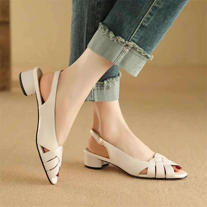 New Genuine Leather Summer Sandals Round Toe Chunky Heels Sandals for Women Zapatos Mujer Gladiator Shoes Fish Billed Sandals