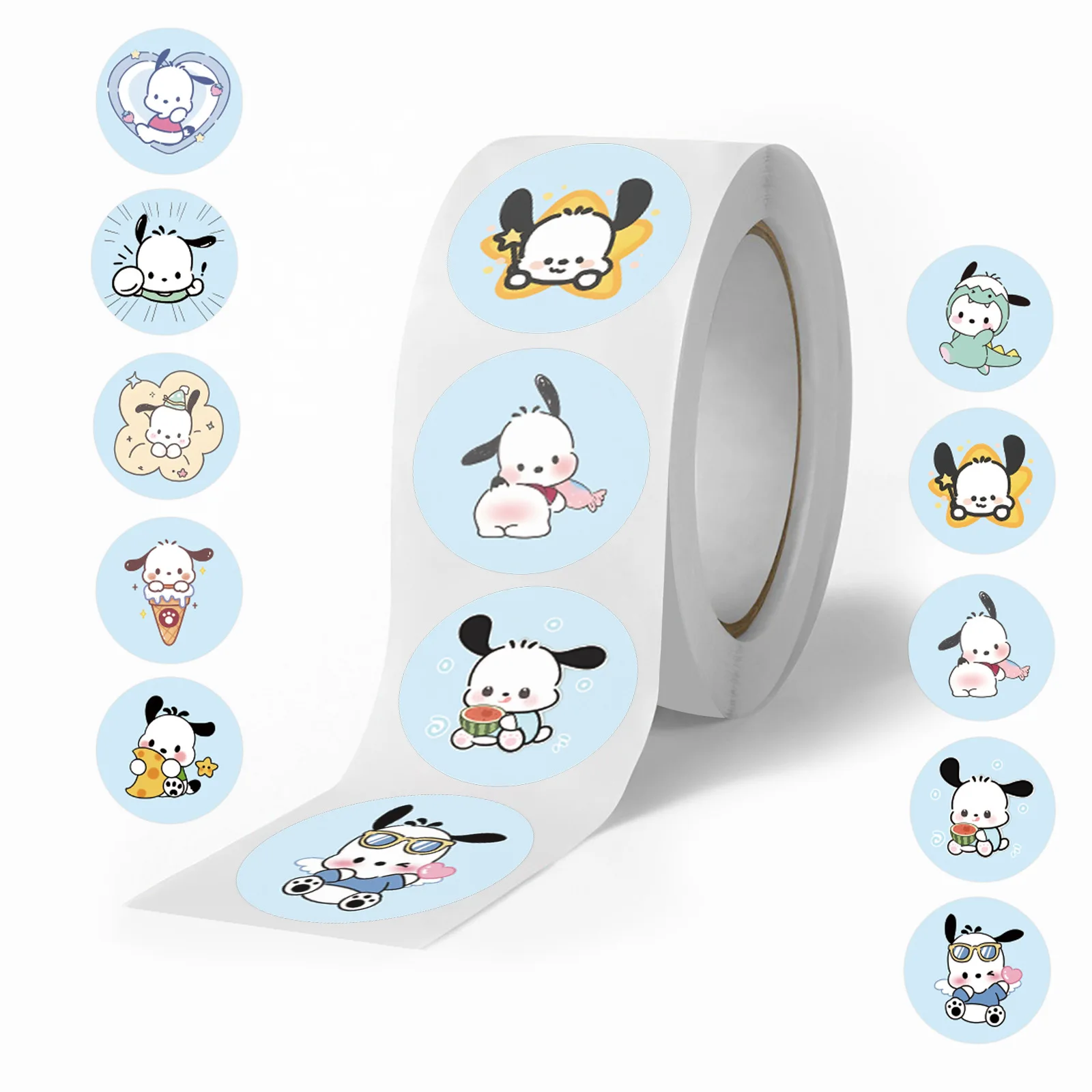 500Pcs/Roll Cute Sanrio Pochacco‌ Sealing Stickers Kawaii Dog Cartoon Roll Decal DIY Notebook Phone Guitar Scrapbook Kid Toys