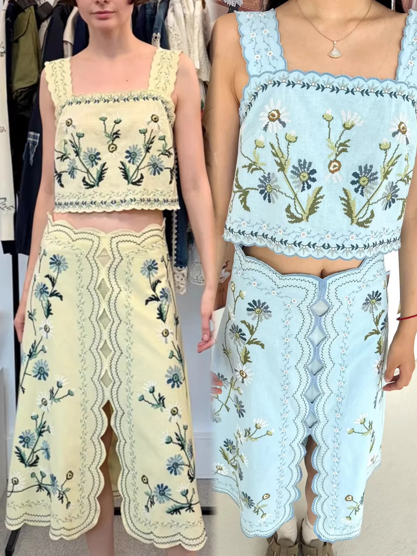 

Withered Set 2026 Square Neck Floral Embroidery Suspender High Waist Split Skirt For Women Skirt Woman Clothing Faldas Skirts