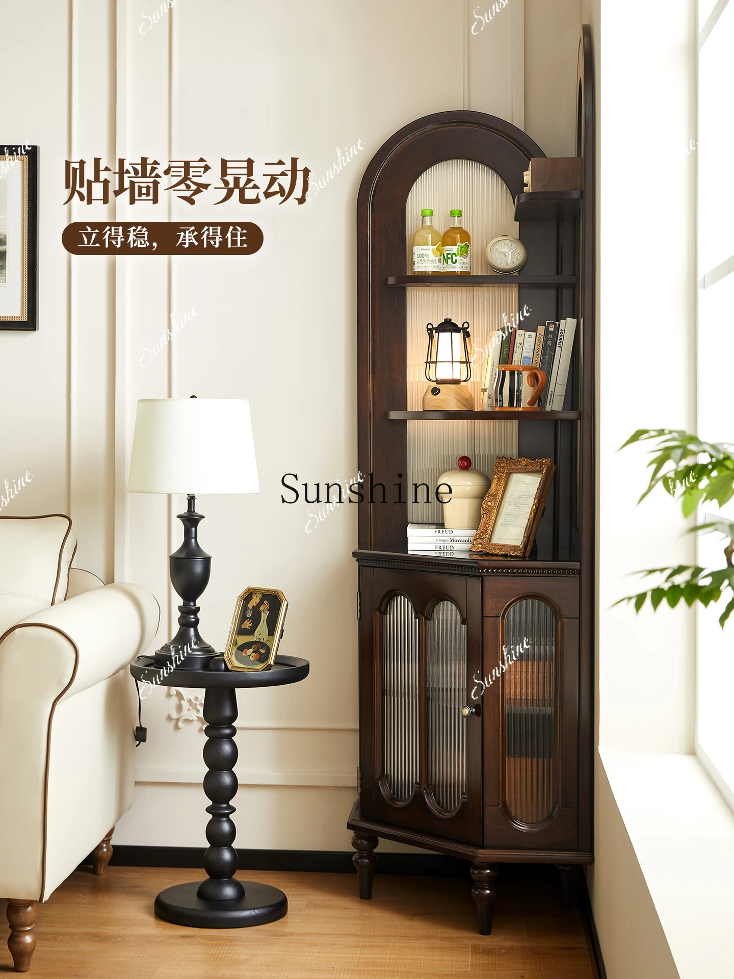 

American style solid wood corner triangular cabinet shelf display living room integrated wall corner storageP