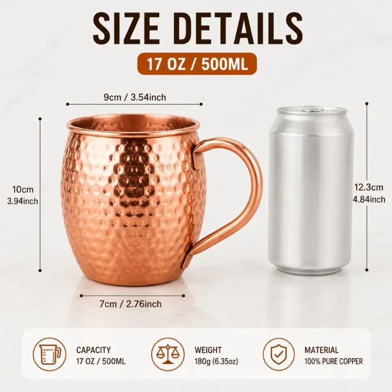 1Pc Pure Copper Mug 500ml Solid Metal Coffee Cup 17oz Cocktail Beer Milk Drinking Mug for Bar Kitchen Party Beverage Use view 6