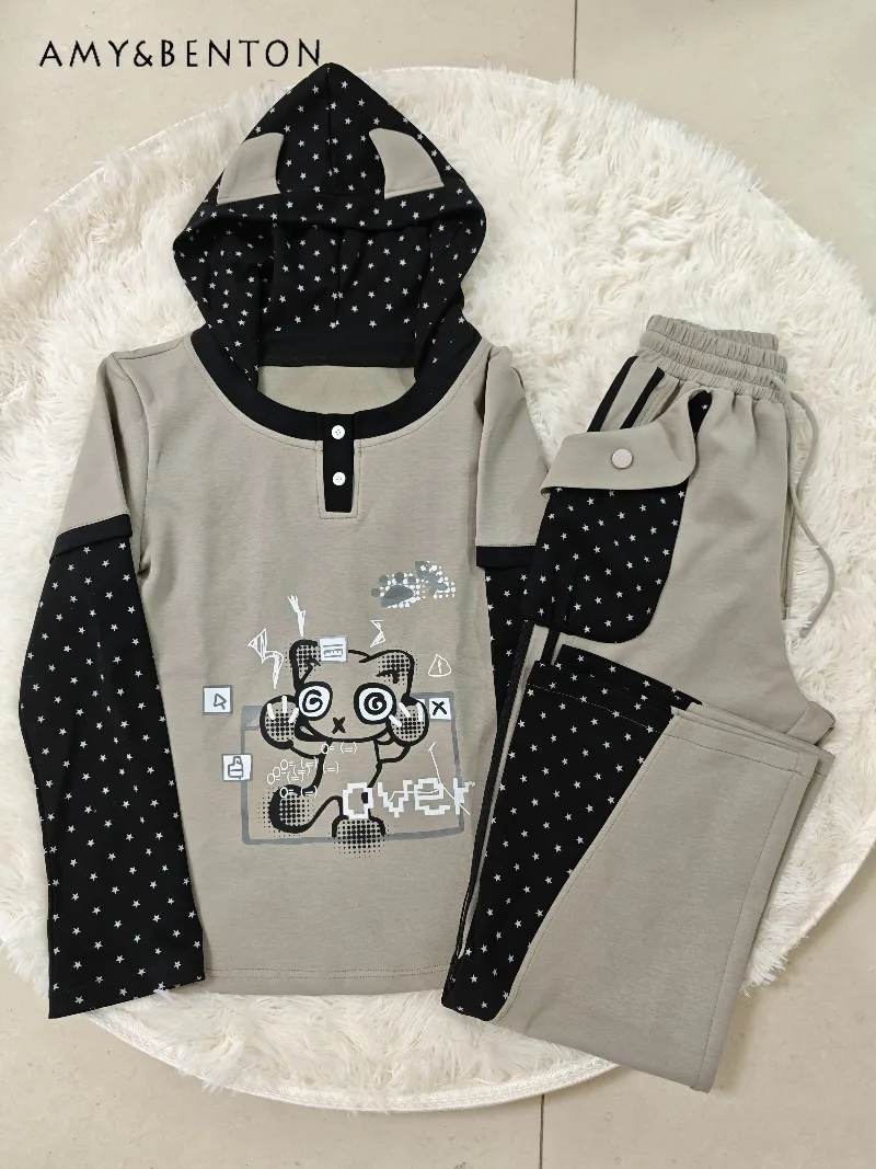 

Японское аниме, комплекты со звездным принтом для девочек, осенняя милая толстовка с длинными рукавами и ушками, спортивные штаны, универсальные повседневные субкультурные кавайные наряды