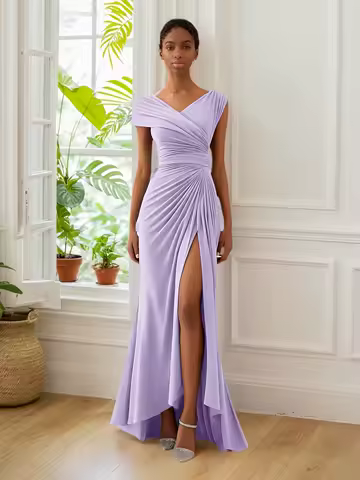 Chiffon Bridesmaid Dresses for Wedding V Neck Ruched Formal Dress Mermaid Pleated Maxi Evening Party Gown