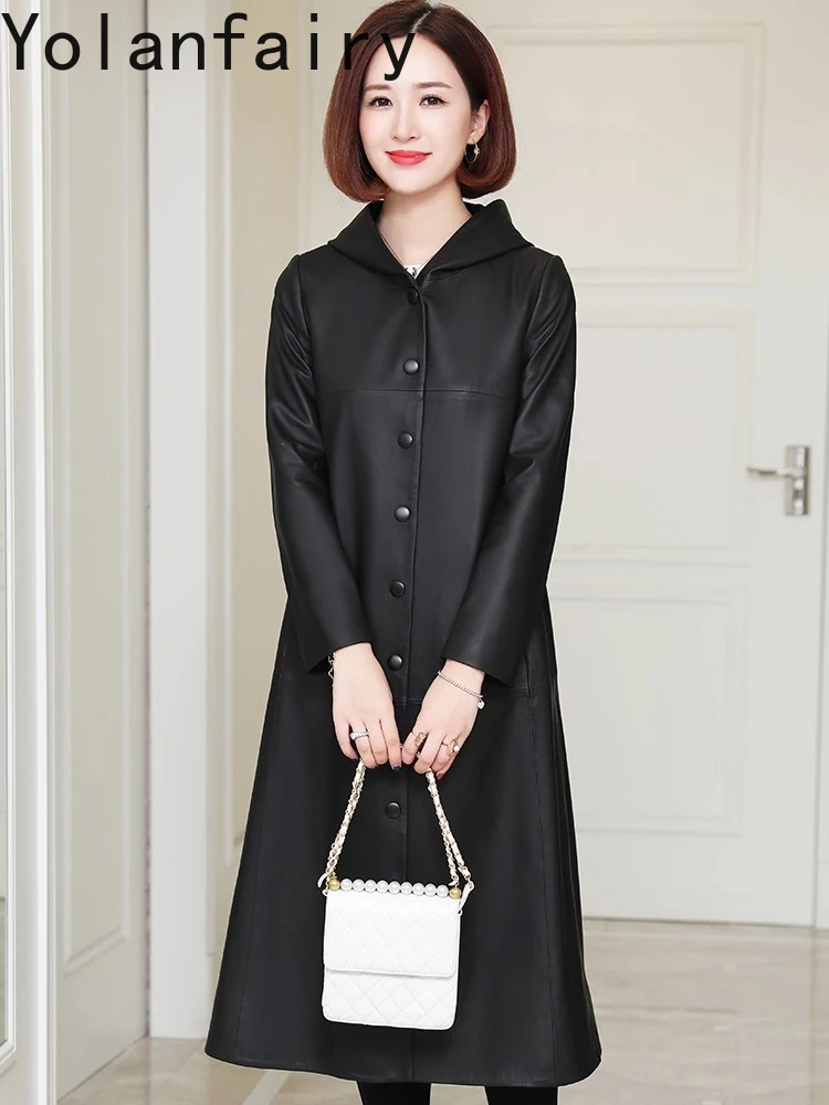 YOLANFAIRY Nachrichten Frühling Herbst Echtem Schaffell Leder Jacke Frauen Mit Kapuze Koreanische Mode Lange Echt Leder Graben Mantel Frau