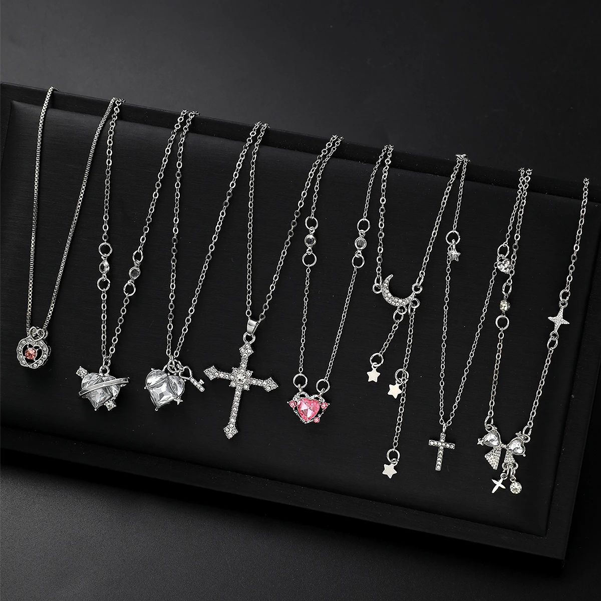 8pcs Y2K Crystal Heart Bow Cross Pendant Necklace Set For Women Fashion Kpop Shiny Clavicle Chain Necklaces Sweet Girls Jewelry image 2