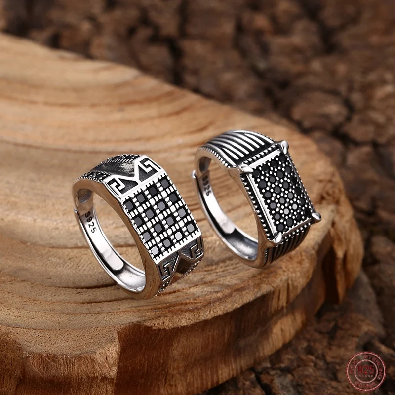 

925 Sterling Silver Inlaid Zircon Ring Men's Thai Silver Retro Trend Personalized Accessory
