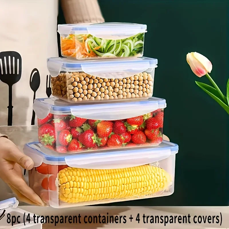 Contenedor de almacenamiento de alimentos transparente con múltiples compartimentos de 8 piezas con tapa: adecuado para frutas, verduras, pasta y polipropileno