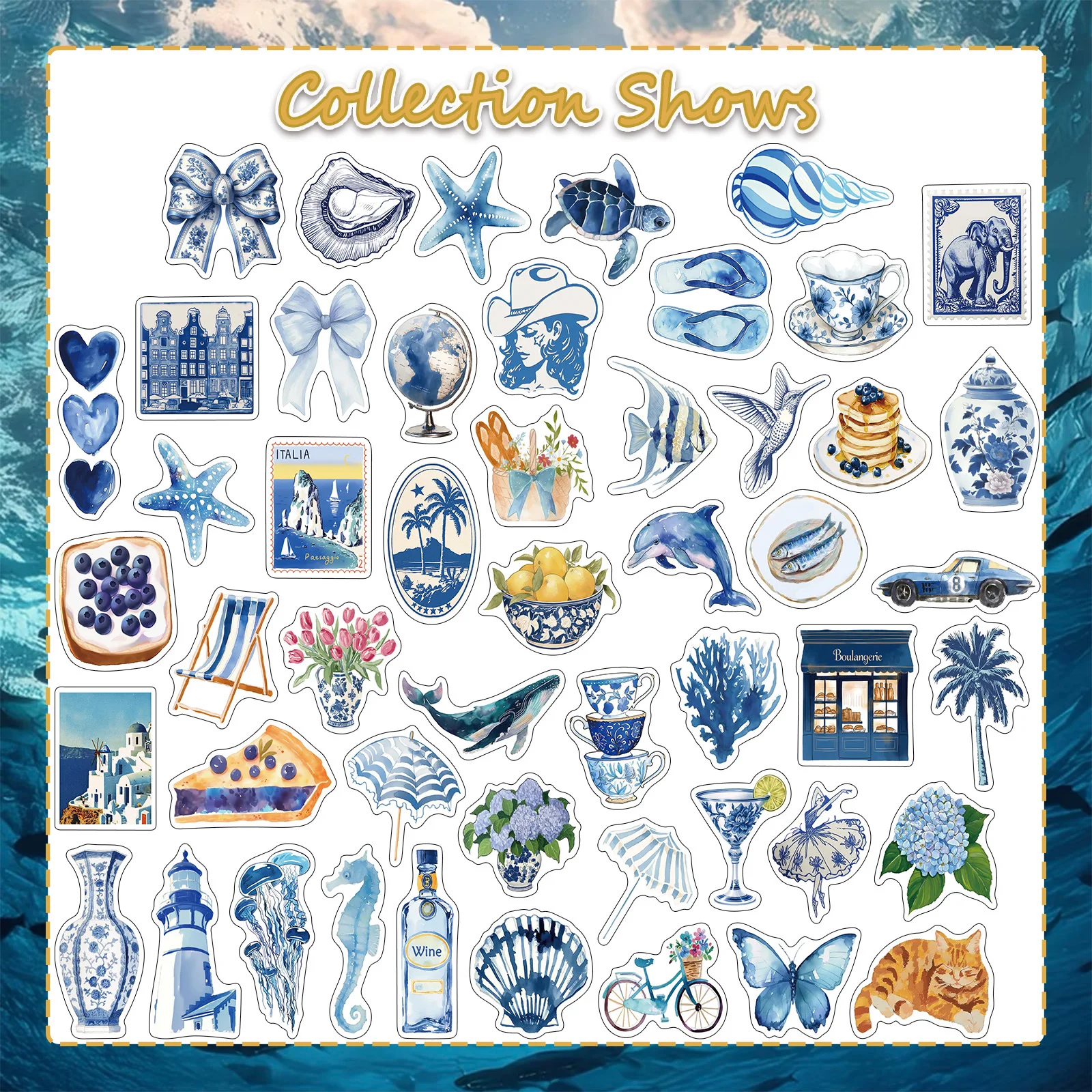

10/50PCS Beautiful Blue Watercolor Cute Graffiti Stickers Creative DIY Refrigerator Pencil Box Waterproof Decal Kids Toy Gift
