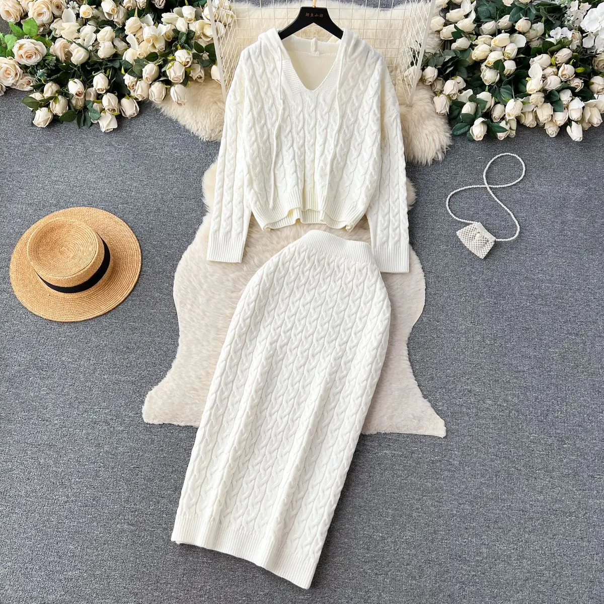 Korean Fashion Two Piece Skirt Set Womens Outifits Solid Knitted Sweater Hooded Dress Sets Loose Pullover Skirt Sets Female