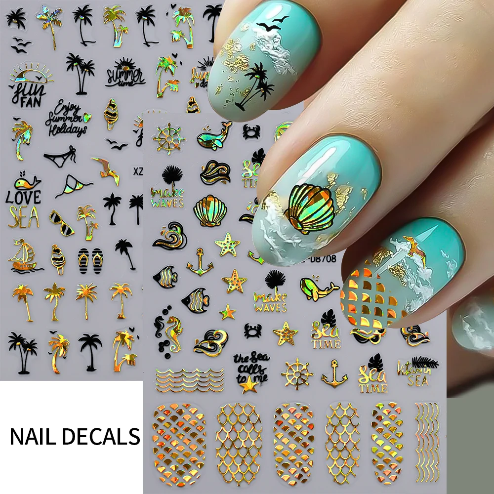 12Pcs3D Laser Schwarz Gold Sommer Marine Leben Nail art Aufkleber Seestern/Muschel/Shell Maniküre Aufkleber Herz Linie klebstoff Nagel Slider