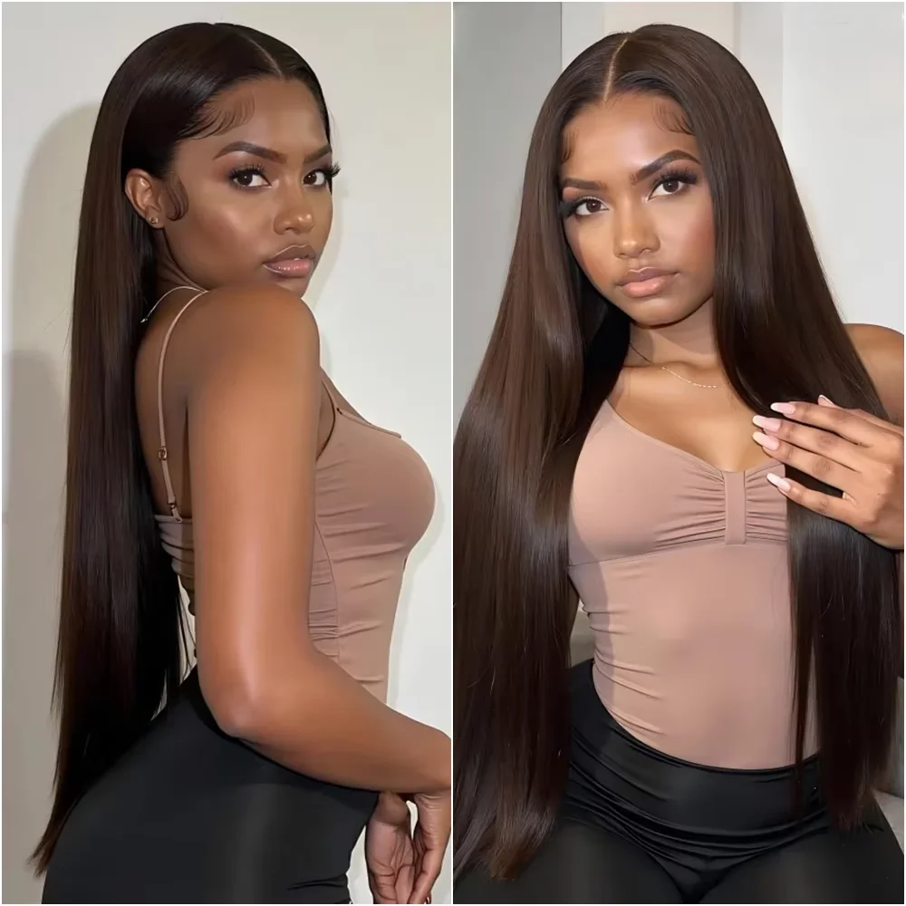 Perruque Lace Front HD Transparente 13x4 13x6, Lisse Brun Chocolat, Densité 200, 18-46 Pouces, Pré-épilée, Ligne de Cheveux Naturelle, Pour Diverses Occasions