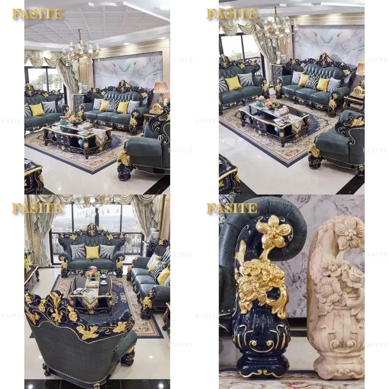 For European Leather L Shaped Combination Sofa Solid Wood Frame Fully Assembled Luxury Living Room Furniture Set A18