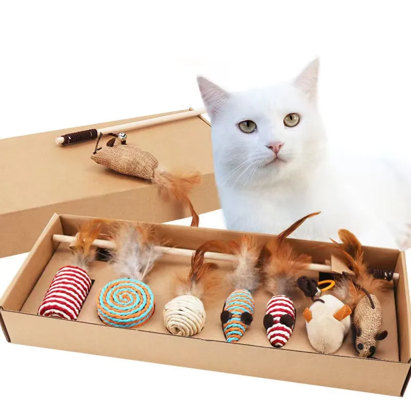 

7Pcs/Set Cute Cat Toys, Simulation Mouse Toys, Gift Box Set, Cat Tease Stick, Interactive Feather Toys for Cat, Cat Accessories