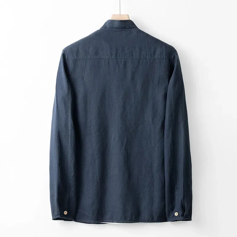 Japanese Style Men Linen Jacket Stand Collar Zip‑up Lightweight Breathable Coat