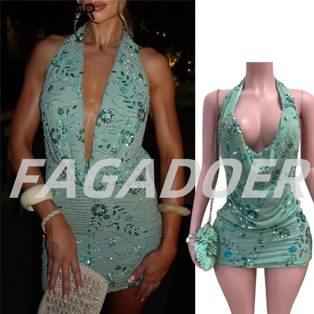 

FAGADOER Sexy Sequin Patchwork Bodycon Mini Dresses Women Deep V-neck Backless Shining Dress Female Clubwear Vestidos 2025 New