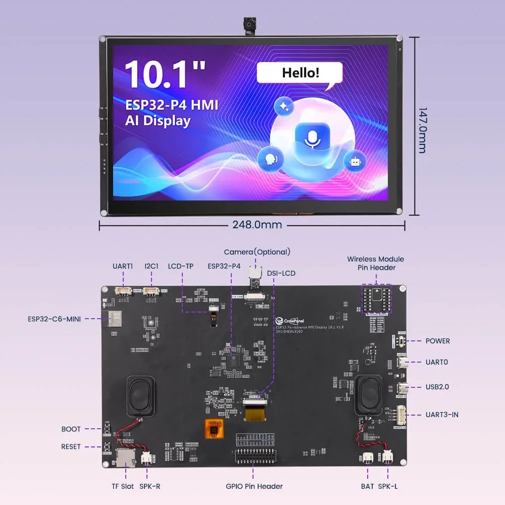 

CrowPanel Advanced 10.1'' HMI AI Display 1024x600 IPS Touch ESP32-P4 Support WiFi 6 2MP Camera Optional Used for Smart Home