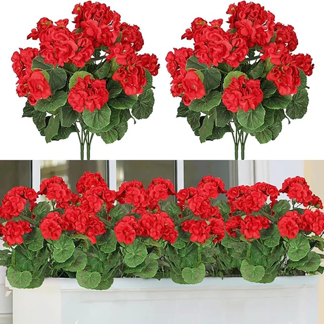 14-calowe sztuczne geranium czerwone sztuczne kwiaty jedwabny bukiet DIY krzewy do zewnętrznych doniczek weranda patio dom fontanna dekoracja