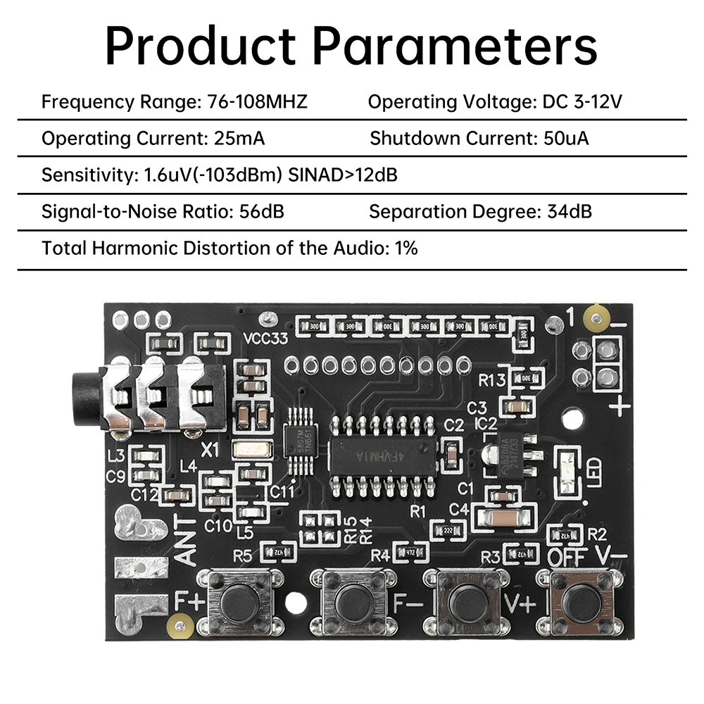 Módulo de rádio FM de 2 canais 76.0MHz-108.0MHz Placa de circuito receptor FM estéreo RDA5807 de alta sensibilidade com luz LED DC 3-12V