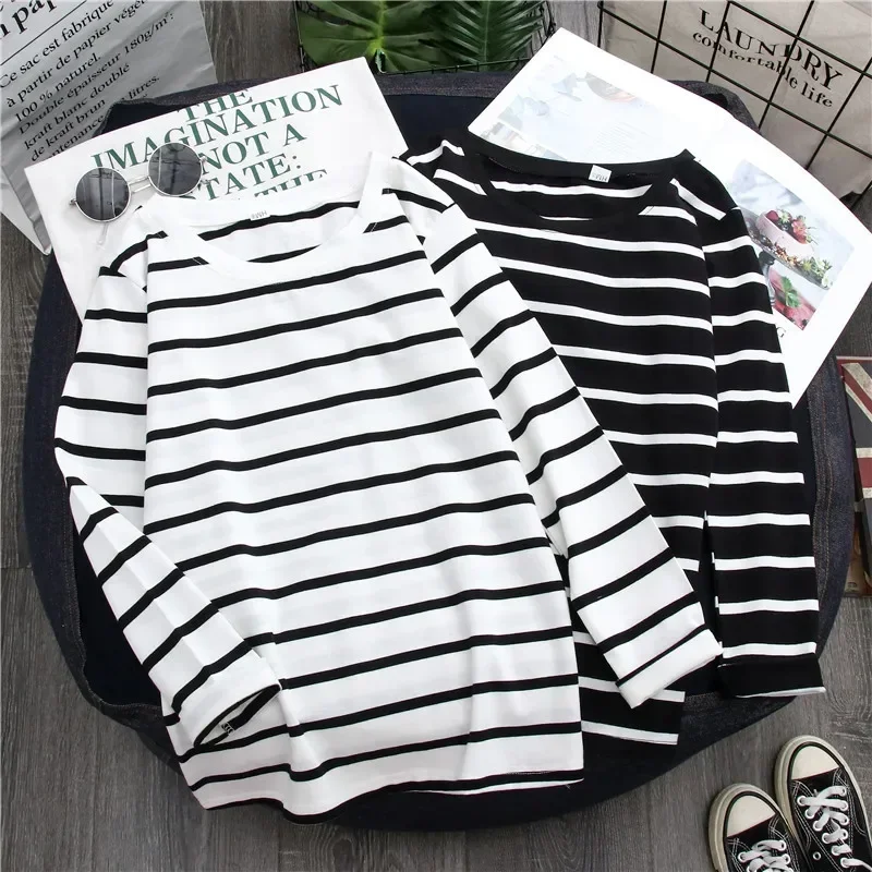 

Women Loose Round Collar Autumn Stripes Print Loose Long Sleeve Casual Simple Wild T-Shirt