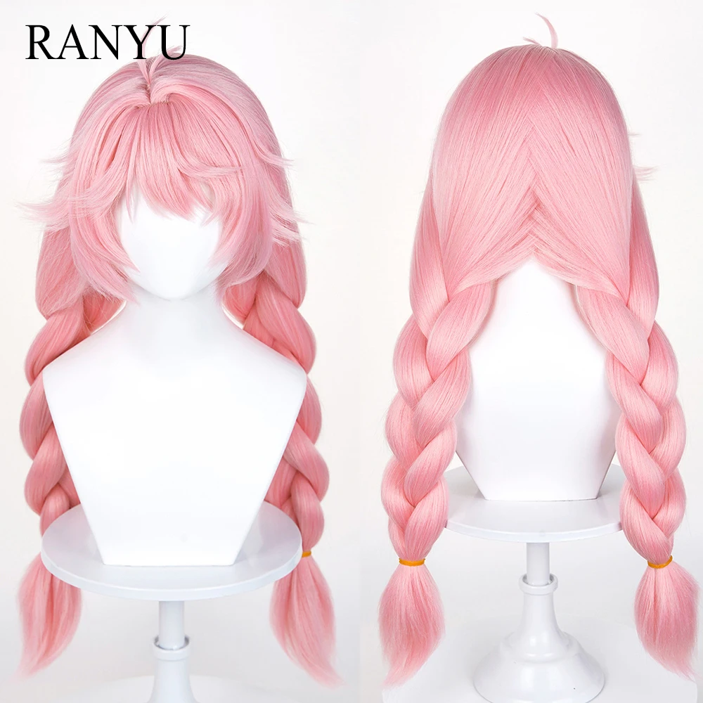 Long Straight Pink Synthetic Wigs with Bangs Anime Game Cosplay Braided Fluffy Women Wig for Daily Party