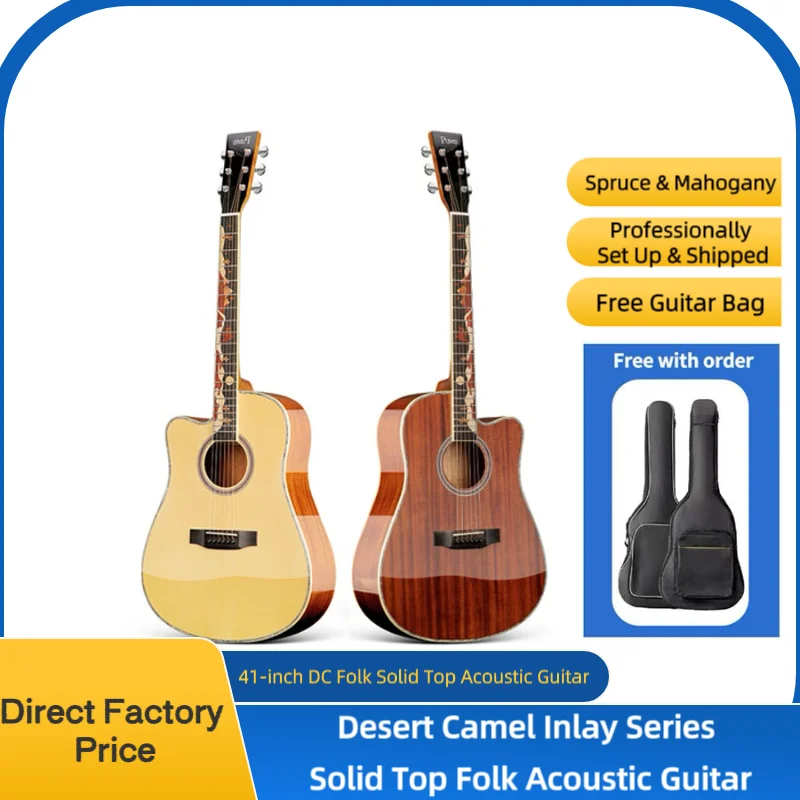 

Free Shipping 41 Inch Desert Camel Inlay Guitar DC Body Solid Spruce Top Peach Core Back Available With Or Without Pickguard