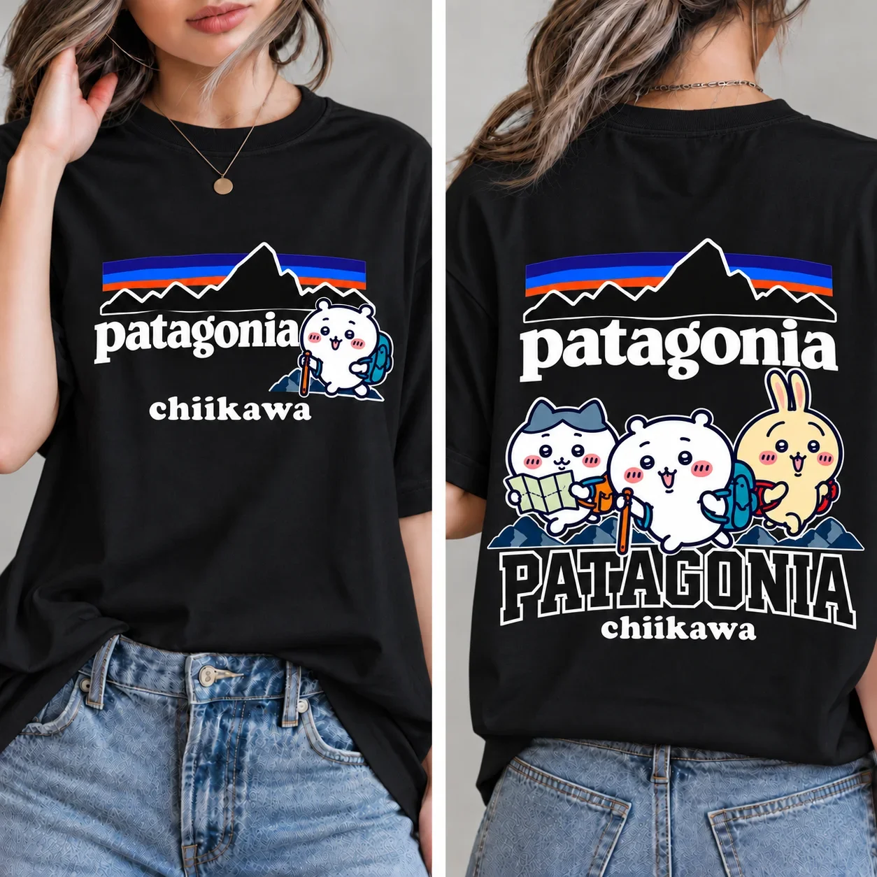 Chiikawa Hiking Mountain Luxury Brand Print T-Shirts Cute Kawaii Anime Characters Backpack Outdoor Adventure Graphic Unisex Tee