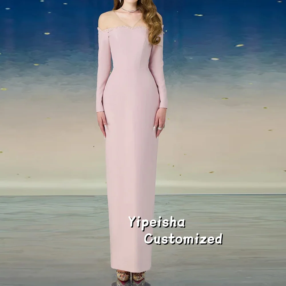 

Customized Modern V-Neck Evening Dress For Women Beads Mermaid Simple Formal Party Gown Ankle Length Long Sleeves Prom Dresses