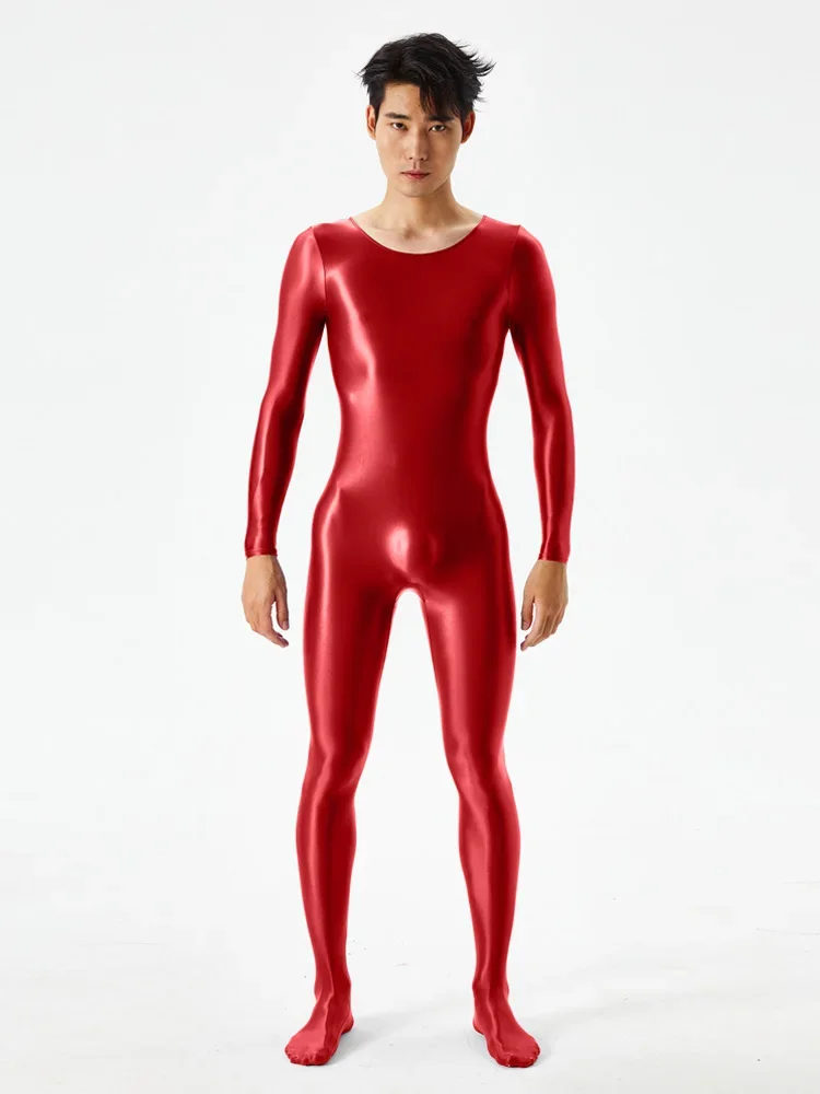 

Sexy Men Full Body Bodysuit High Elasitc Clubwear Sheer Smooth Pants Oil Gloosy Shiny Sexy Tight Shaping Candy Color Jumpsuit