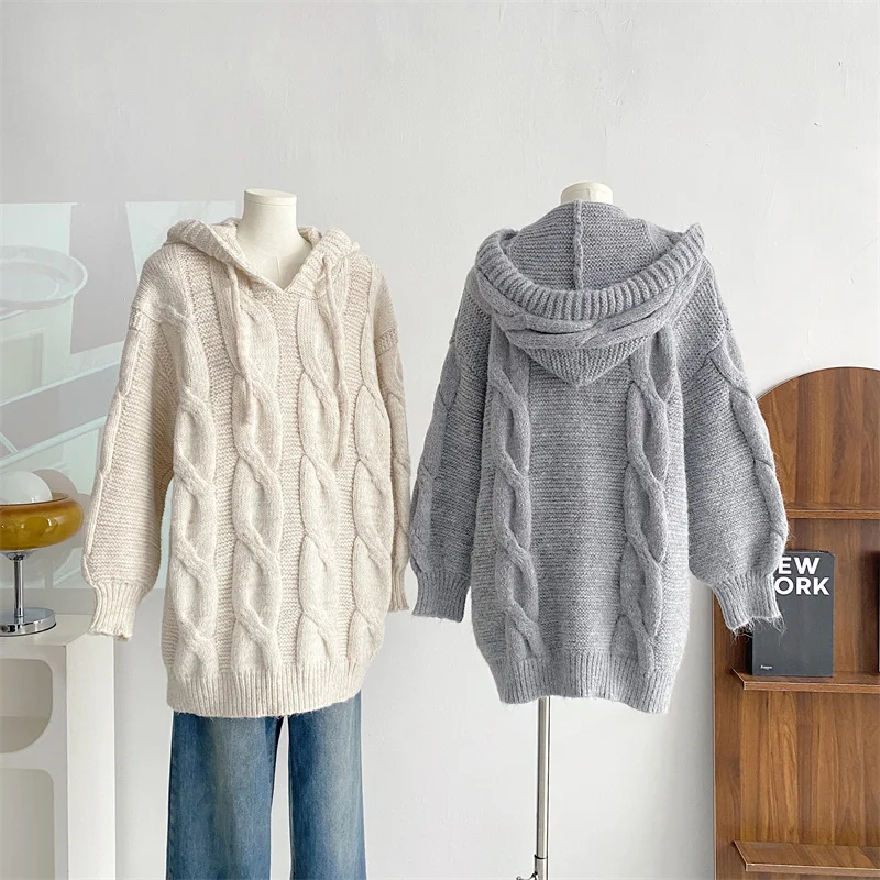 Pullover Sweater Loose Casual Pure Color Knitted Ladies Long Sleeve Hooded Sweater Winter New Soft Glutinous Tops