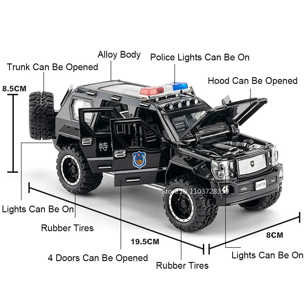 1:24 Terreinwagen Miniatuur Model Speelgoed Legering Diecast Politieauto Geluid Licht Deuren Geopend Trek Rubberen Banden Kinderen Geschenken
