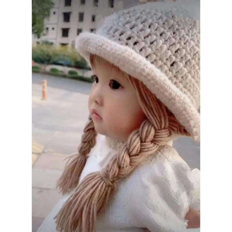 

J15U Handmade Knitted Baby Girls Hat Infants Photography Props Headwear Newborn Wigs Brades Kids Crochet Cap with Plaits