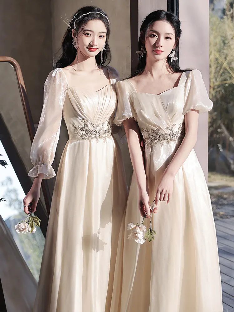 Champagne Color Maids Dress 2026 New Spring Summer High-End Wedding Sister Group Gown Women's Usual Wear Simple Style Long Sl...