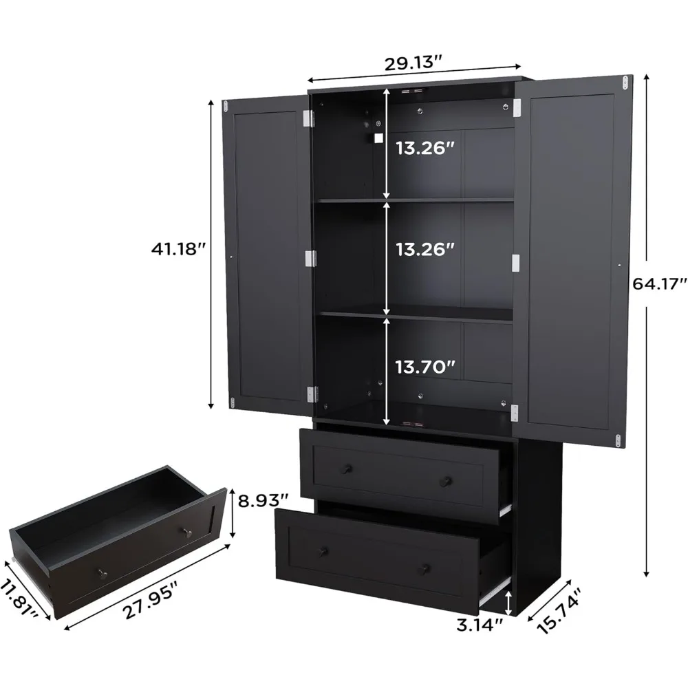 Despensa de cocina negra de 64,2 pulgadas de alto, gabinete de almacenamiento con puertas y cajones, organizador independiente de madera para cocina, comedor