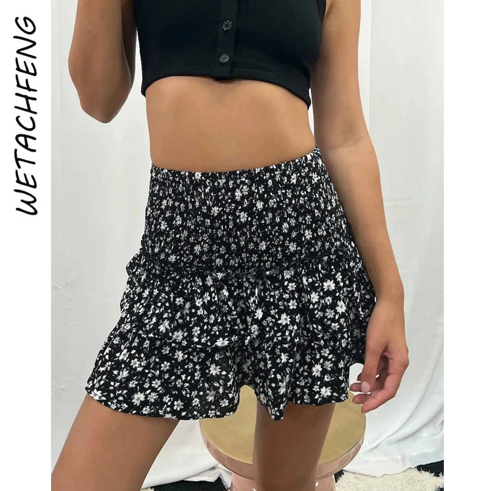 Fashion Streetwear Ruffles Floral Pleated Skirts Summer Beach Boho Party Holiday Sexy Mini Short Skirts High Waist Women Clothes