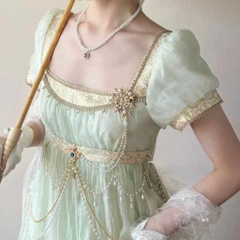 Elegante Abito Formale Stile Harajuku con Vita Impero, Vestito Lolita Vintage Verde con Pizzo e Perline