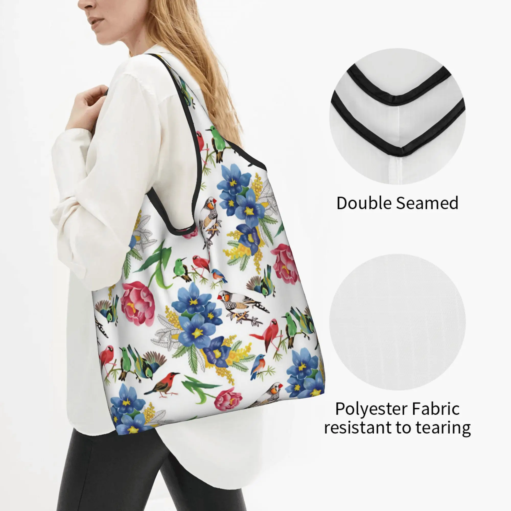Funny Luxury High Watercolor Style Birds And Flowers Shopping Tote Bags Portable  Groceries Shoulder Shopper Bag