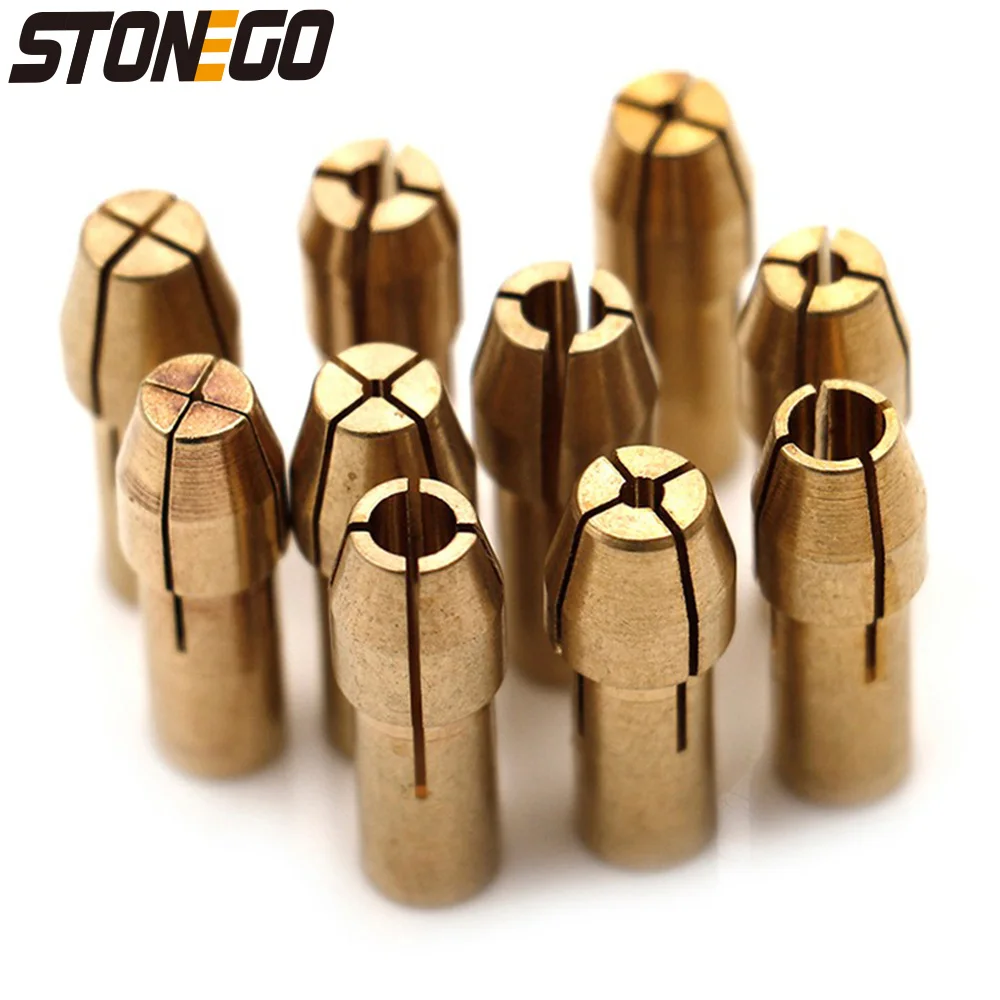 STONEGO 10 szt. mikro tuleja zaciskowa Mini adapter uchwytu wiertarskiego, zakres uchwytu 0.5mm-3.2mm, mosiądz, do elektronarzędzi obrotowych