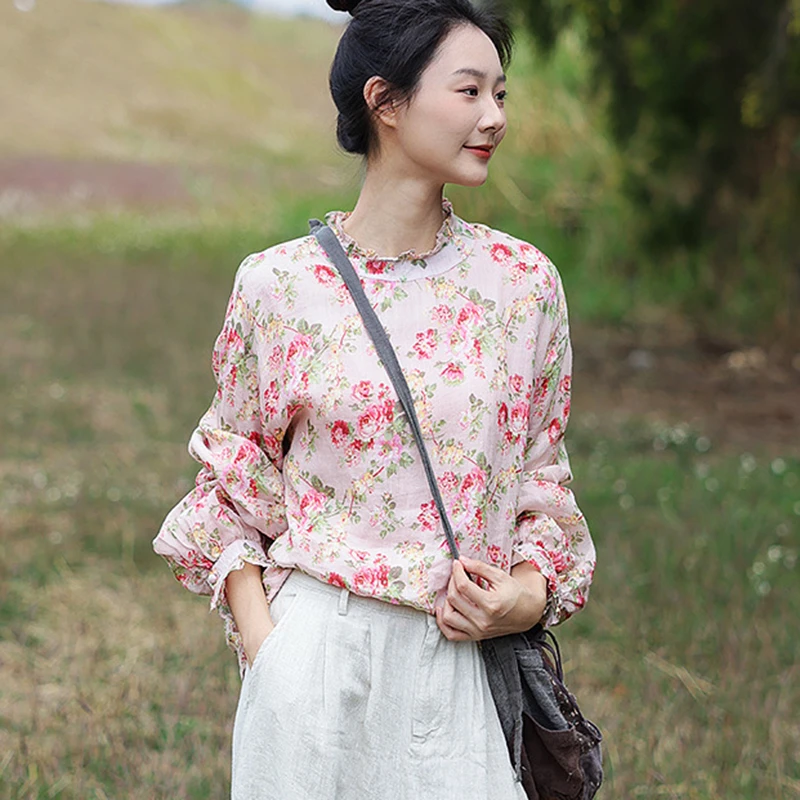 Women Long Sleeve Blouses Shirts New 2025 Spring Vintage Style Half High Collar Floral Print Loose Female Casual Tops M1350