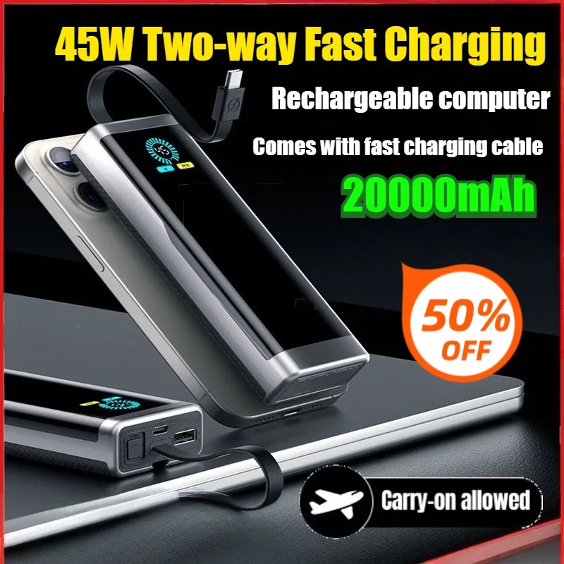 

45W 20000mAh Large Capacity Power Bank Built-in Cable Super Fast Charging Portable Charger with 3C Certification