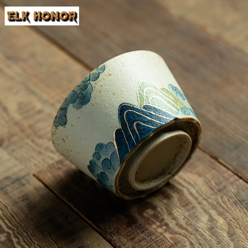 165ml Hand-painted Tracing Gold Green Mountain Teacup Creative Tea Bowl Mug Tea-tasting Smelling Cup Jianzhan Master Cups Teaset