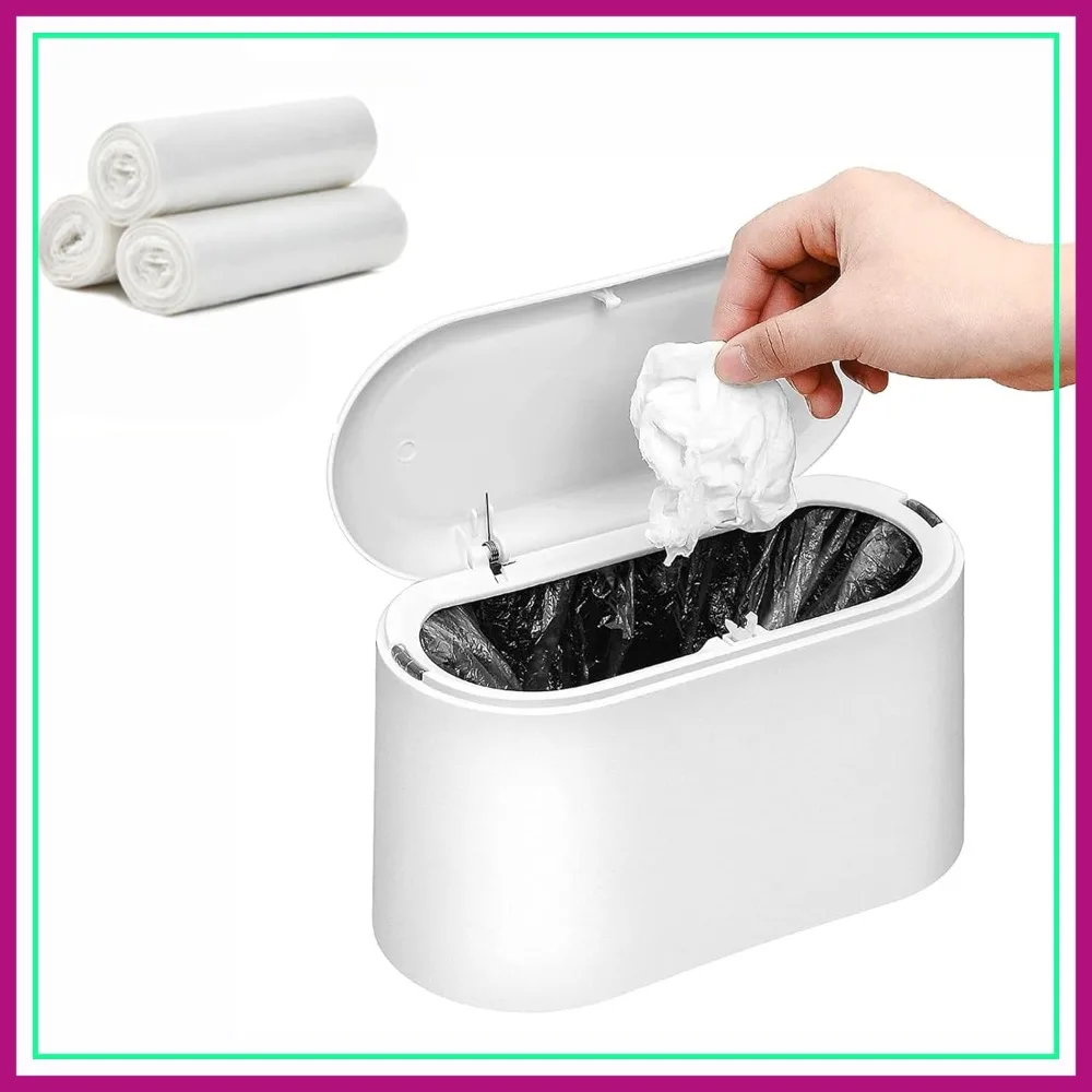 

Mini Trash Can with Lid, 0.5 Gal Small Desk Wastebasket, White Countertop Garbage Bin with 3 Roll Bags